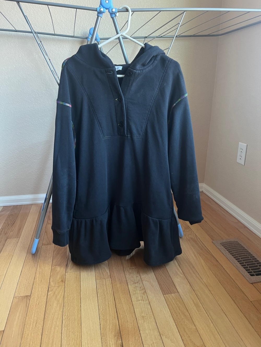 Something Navy Black Hoodie Tunic with Multicolor Stitch Accent
